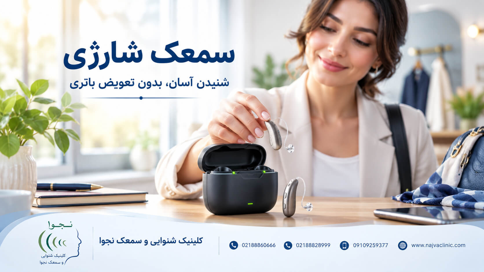  خانمی در حال برداشتن سمعک شارژی از پایه شارژ